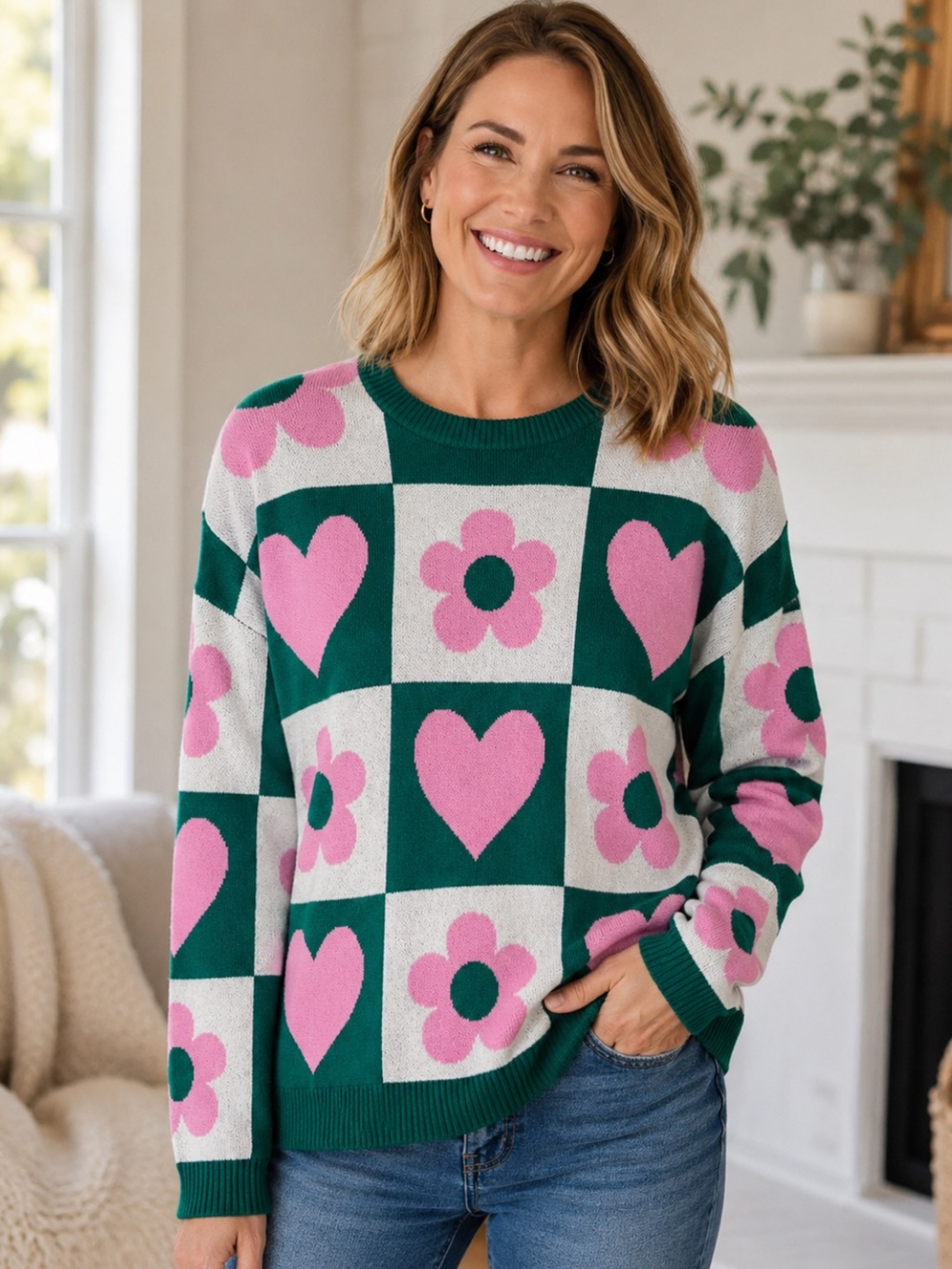 Retro Flower Checkerboard Crewneck Sweater Top Knit Soft Pullover Size Medium